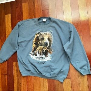 Vintage Alaska Sweatshirt Mens XL Grizzly Bear Graphic Fleece Pullover Blue